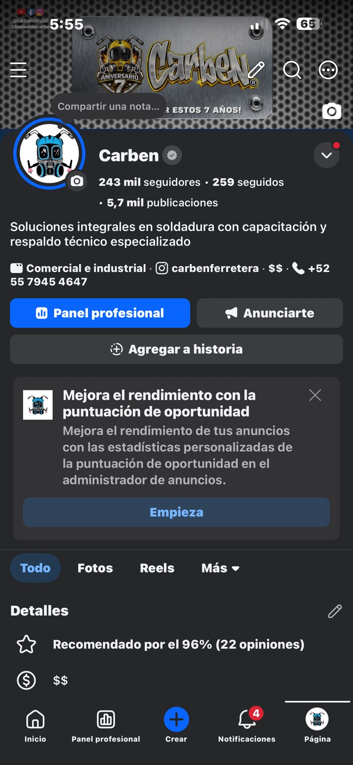 Captura de Facebook Carben: 243 mil seguidores